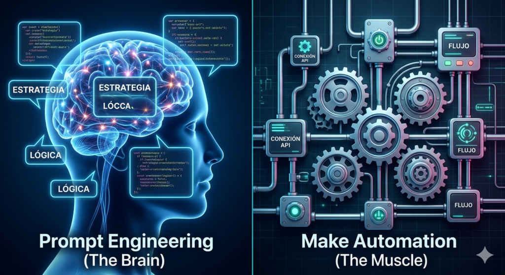 Ilustración estilo cómic comparando Prompt Engineering (un cerebro con bocadillos de texto) frente a Automatización (engranajes con ideas de sistemas), simbolizando el cerebro y el músculo de la IA.