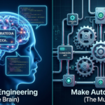 Ilustración estilo cómic comparando Prompt Engineering (un cerebro con bocadillos de texto) frente a Automatización (engranajes con ideas de sistemas), simbolizando el cerebro y el músculo de la IA.