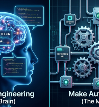 Ilustración estilo cómic comparando Prompt Engineering (un cerebro con bocadillos de texto) frente a Automatización (engranajes con ideas de sistemas), simbolizando el cerebro y el músculo de la IA.