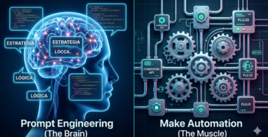 Ilustración estilo cómic comparando Prompt Engineering (un cerebro con bocadillos de texto) frente a Automatización (engranajes con ideas de sistemas), simbolizando el cerebro y el músculo de la IA.