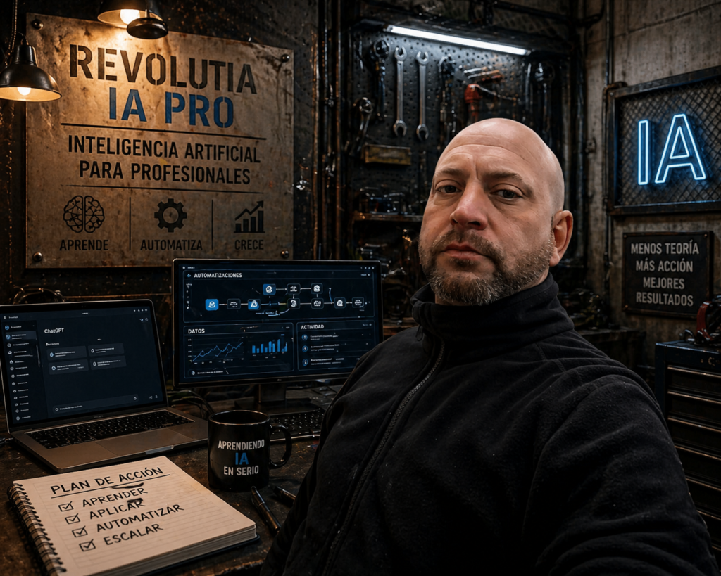 Noé Serrano serio con fondo de inteligencia artificial Revolutia IA Pro analizando....