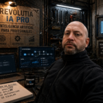 Noé Serrano serio con fondo de inteligencia artificial Revolutia IA Pro analizando....