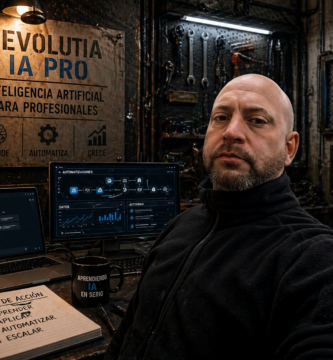 Noé Serrano serio con fondo de inteligencia artificial Revolutia IA Pro analizando....