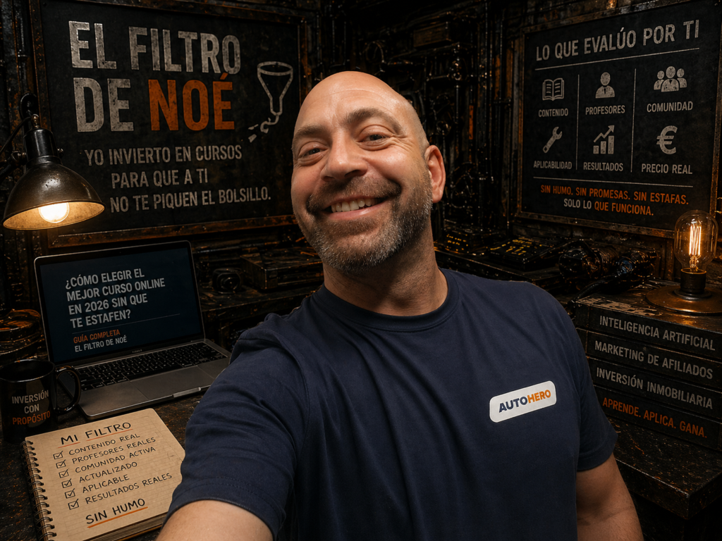 Noé Serrano con camiseta de Auto1 Group frente a una pizarra detallando el Filtro Noé para analizar cursos de formación online y marketing digital.