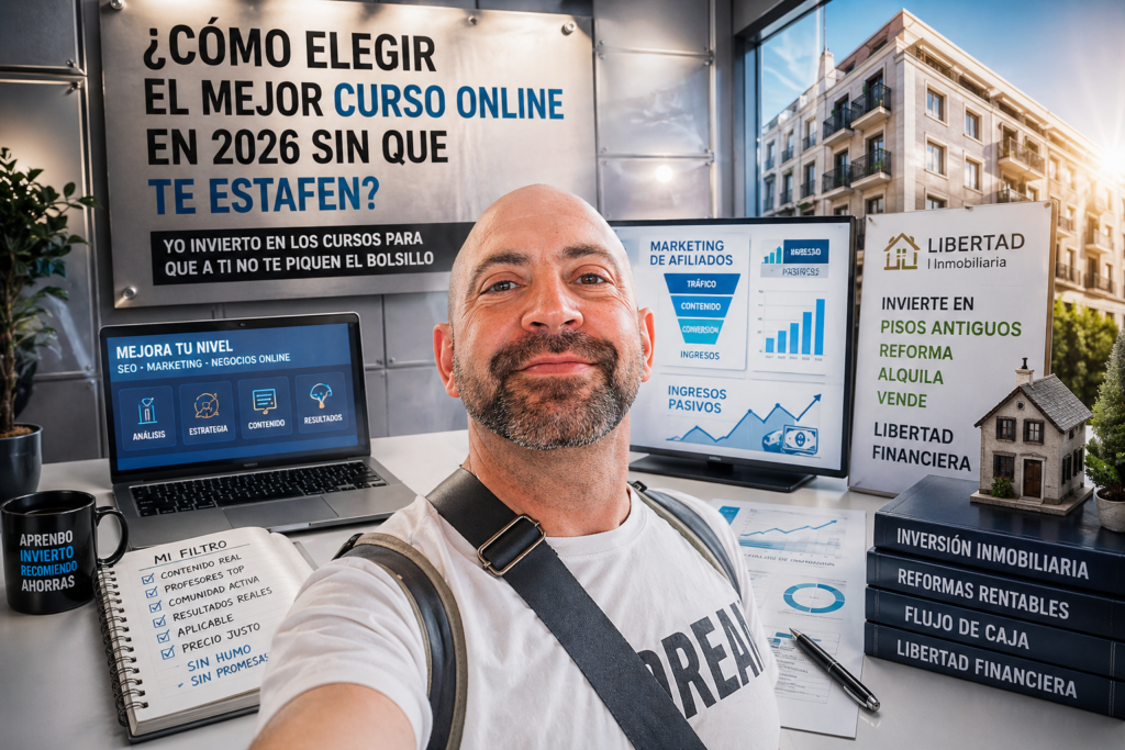 Noé Serrano posando con un selfie en su escritorio con pantallas que muestran gráficas de ingresos y un cartel que dice: "¿Cómo elegir el mejor curso online en 2026 sin que te estafen? Mi Filtro". A la derecha, un cartel y libros que dicen: "Libertad Inmobiliaria, invierte en pisos antiguos, flujo de caja, libertad financiera".