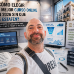 Noé Serrano posando con un selfie en su escritorio con pantallas que muestran gráficas de ingresos y un cartel que dice: "¿Cómo elegir el mejor curso online en 2026 sin que te estafen? Mi Filtro". A la derecha, un cartel y libros que dicen: "Libertad Inmobiliaria, invierte en pisos antiguos, flujo de caja, libertad financiera".