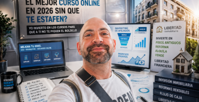 Noé Serrano posando con un selfie en su escritorio con pantallas que muestran gráficas de ingresos y un cartel que dice: "¿Cómo elegir el mejor curso online en 2026 sin que te estafen? Mi Filtro". A la derecha, un cartel y libros que dicen: "Libertad Inmobiliaria, invierte en pisos antiguos, flujo de caja, libertad financiera".