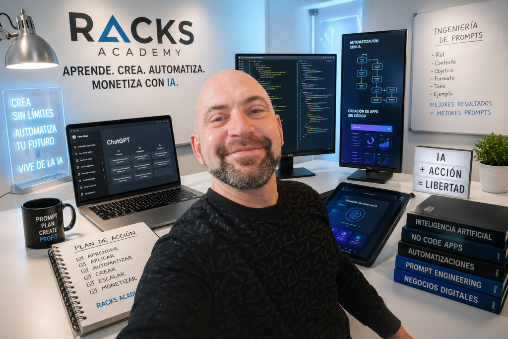 Retrato estilo cyberpunk de Noé Serrano, rodeado de pantallas con códigos de programación, luces de neón amarillas y azules, y el texto Racks Academy. Estética futurista de consultoría de IA.