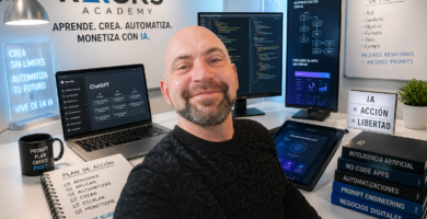 Retrato estilo cyberpunk de Noé Serrano, rodeado de pantallas con códigos de programación, luces de neón amarillas y azules, y el texto Racks Academy. Estética futurista de consultoría de IA.