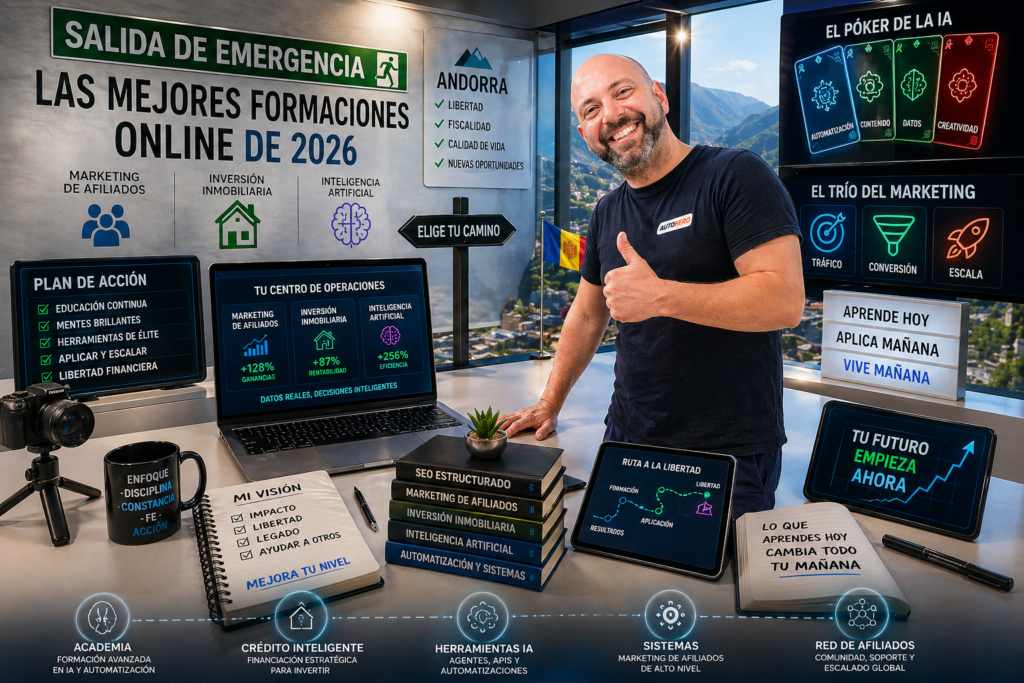 Noé Serrano en su despacho de trabajo con monitores mostrando gráficas de rendimiento y un cartel que explica el Filtro Noé para elegir formación online. En el entorno se aprecian referencias a la inteligencia artificial, marketing de afiliados y activos inmobiliarios.