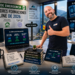 Noé Serrano en su despacho de trabajo con monitores mostrando gráficas de rendimiento y un cartel que explica el Filtro Noé para elegir formación online. En el entorno se aprecian referencias a la inteligencia artificial, marketing de afiliados y activos inmobiliarios.
