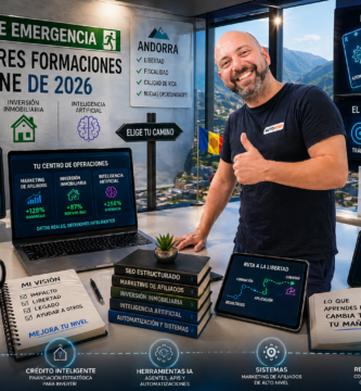 Noé Serrano en su despacho de trabajo con monitores mostrando gráficas de rendimiento y un cartel que explica el Filtro Noé para elegir formación online. En el entorno se aprecian referencias a la inteligencia artificial, marketing de afiliados y activos inmobiliarios.