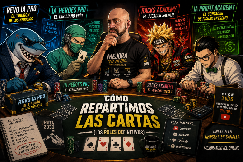 Noé Serrano como crupier en una mesa de póker clandestina rodeado por cuatro personajes que representan los cursos Revo IA Pro, IA Heroes, Racks Academy e IA Profit Academy.