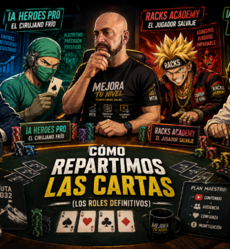 Noé Serrano como crupier en una mesa de póker clandestina rodeado por cuatro personajes que representan los cursos Revo IA Pro, IA Heroes, Racks Academy e IA Profit Academy.