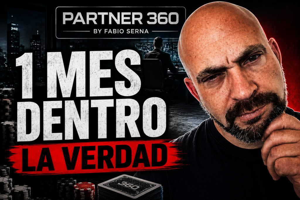 Noé Serrano con expresión escéptica mostrando la plataforma de Partner 360 y un cartel que dice un mes dentro la verdad sobre el marketing de afiliados.