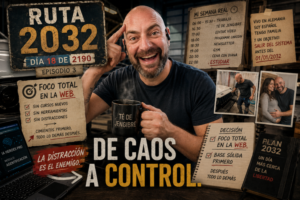 Noé Serrano en el taller buscando pasar de caos a control tras el error con los agentes de IA y n8n en el episodio 3 de Ruta 2032.