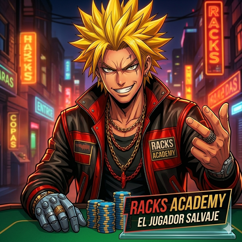 Personaje de estilo anime salvaje y rebelde con cadenas que representa el curso Racks Academy de Víctor Wolverine para la creación de contenido masivo.