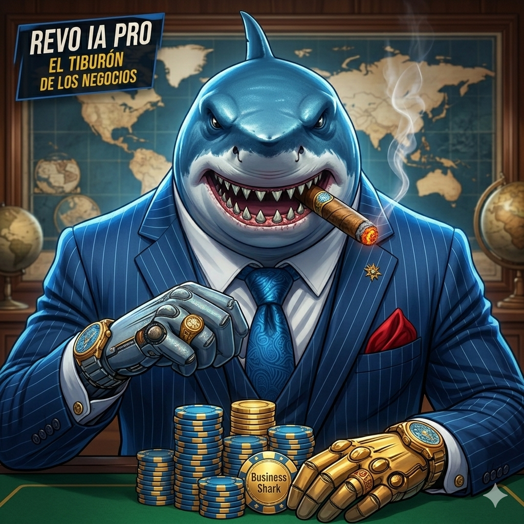 Personaje de tiburón con traje elegante a medida y puro que representa el enfoque de negocio B2B y agencias SMMA de Revo IA Pro de Revolutia.