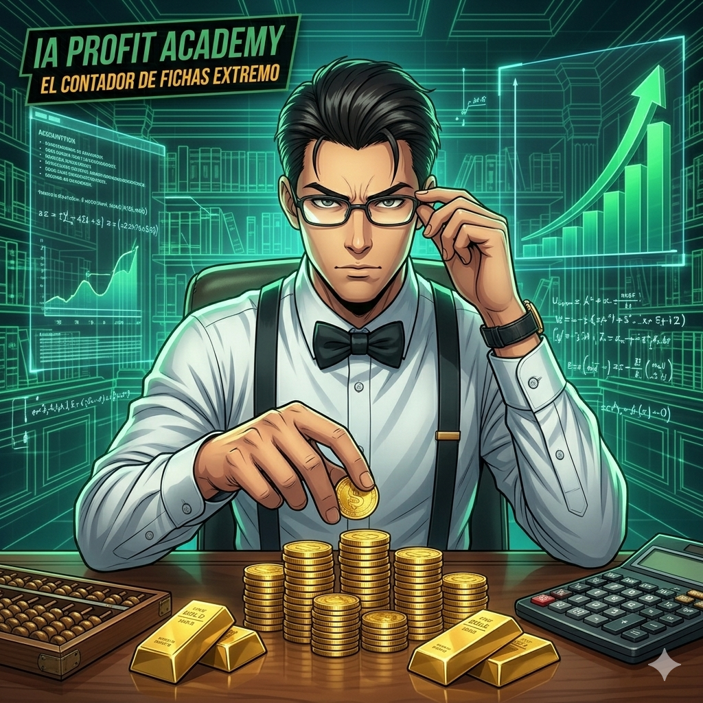 Personaje de contable clásico con tirantes y calculadora que representa la productividad extrema y el ahorro de tiempo de IA Profit Academy.