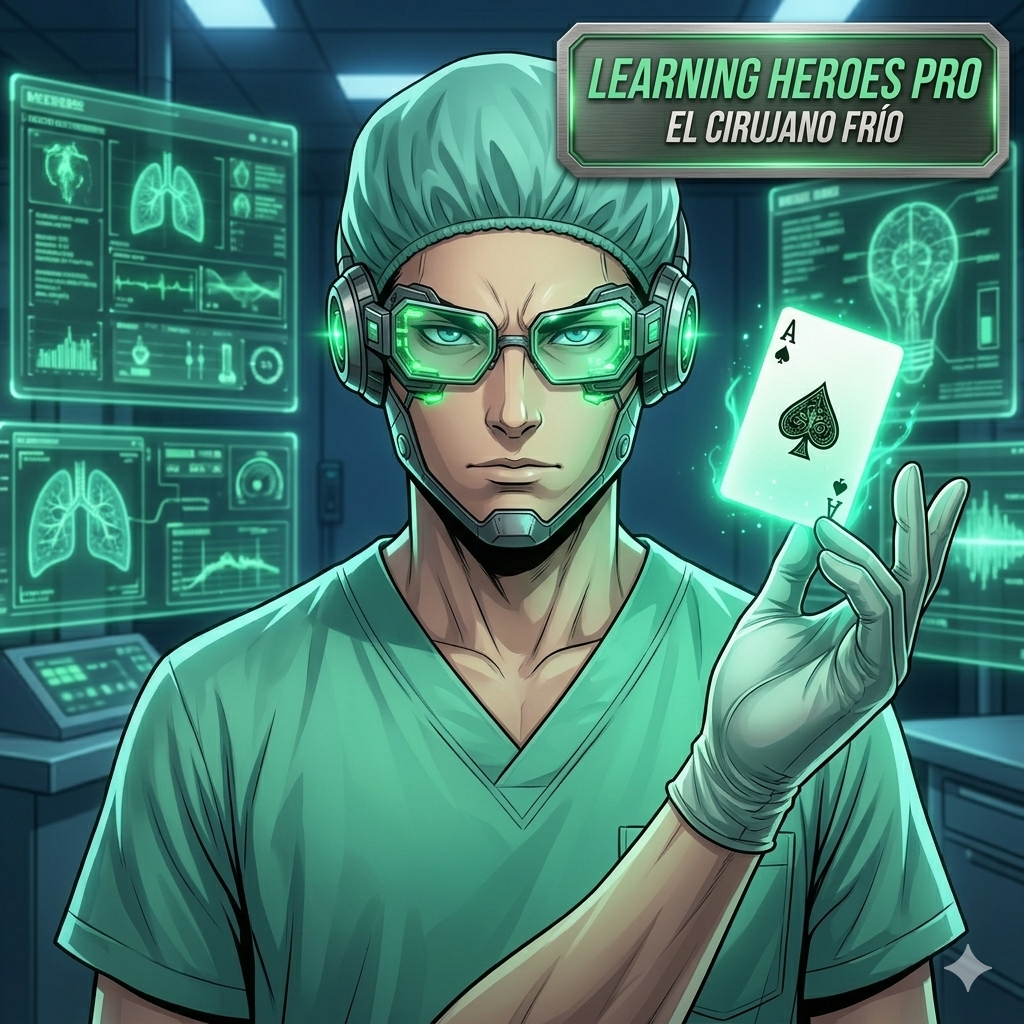 Personaje de médico cibernético con mascarilla y bisturí que representa la profundidad técnica y el máster de élite de IA Heroes de Learning Heroes.