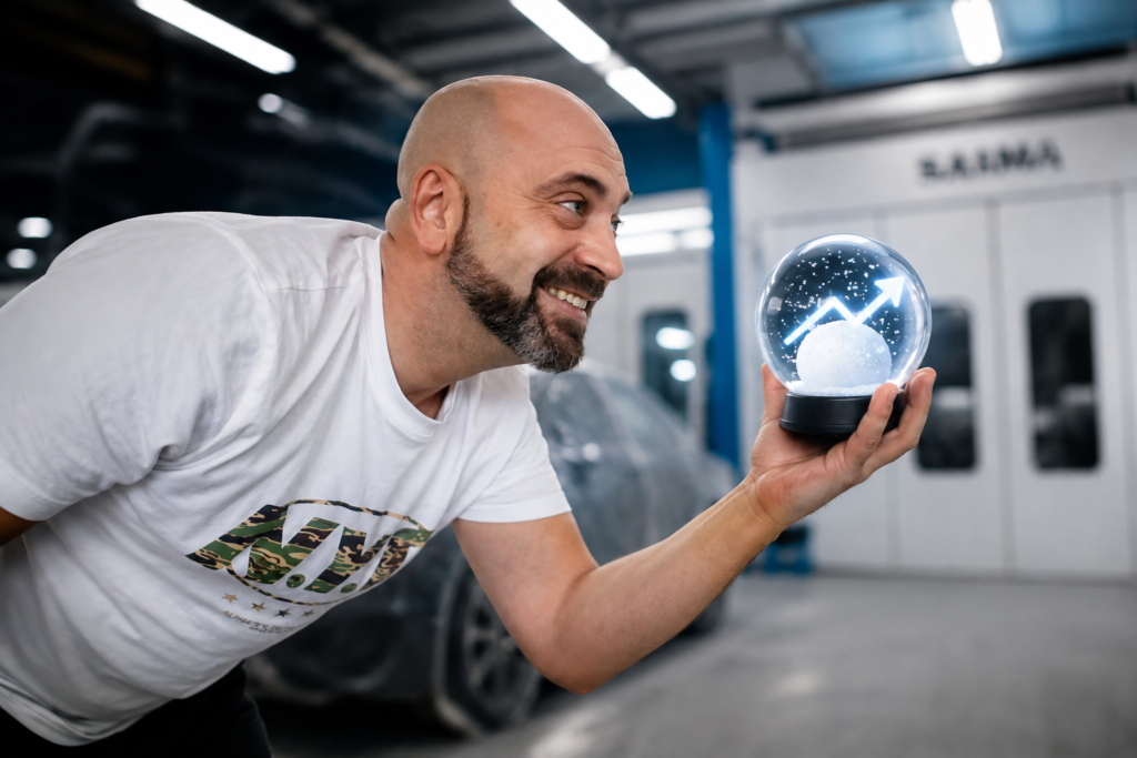 Noé Serrano en el taller de pintura de coches sosteniendo una bola de nieve con una flecha de crecimiento, representando el efecto bola de nieve en la Ruta 2032