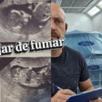 Noé Serrano en el taller de coches junto a la ecografía de su hija Carlota