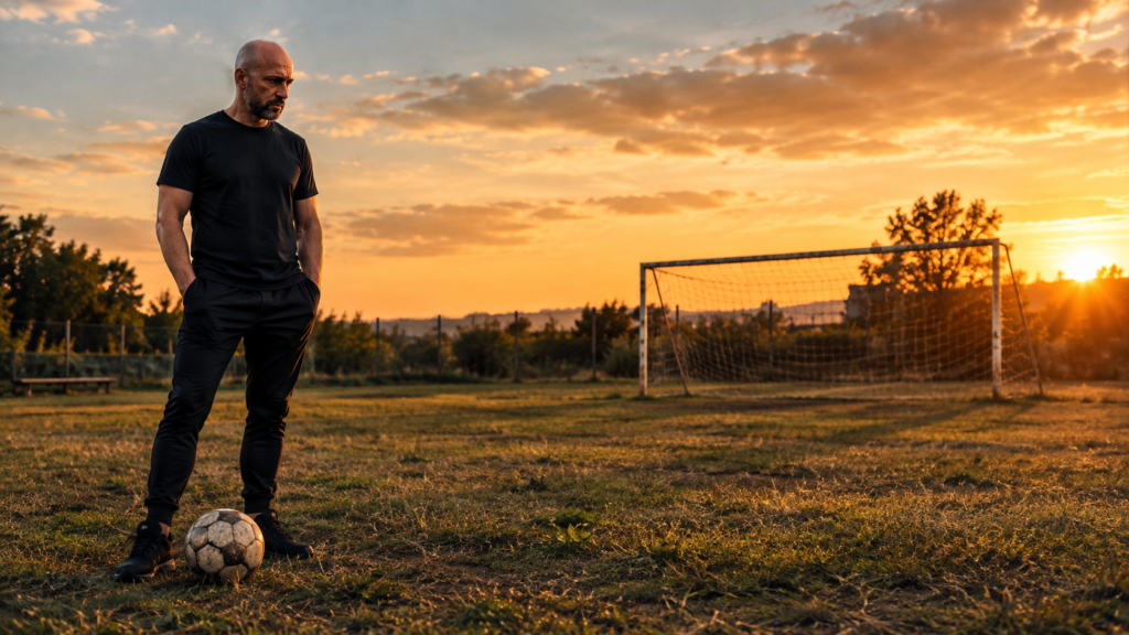 Noé Serrano de pie y solo en un campo de fútbol modesto al atardecer, con un balón a los pies, representando la metáfora de la Intertoto sobre mantener la constancia sin ver resultados