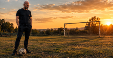 Noé Serrano de pie y solo en un campo de fútbol modesto al atardecer, con un balón a los pies, representando la metáfora de la Intertoto sobre mantener la constancia sin ver resultados