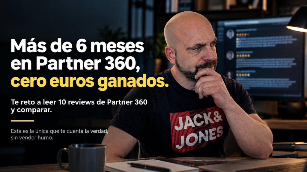 Noé Serrano pensativo frente al ordenador con reviews de Partner 360 en pantalla, ilustrando su artículo "Más de 6 meses en Partner 360, cero euros ganados"