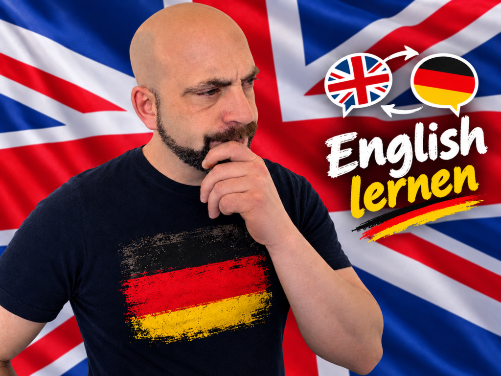 Noé Serrano reflexionando sobre cómo aprender inglés viviendo en Alemania con las banderas de Reino Unido y Alemania
