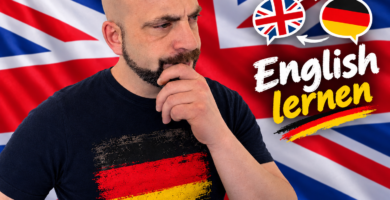 Noé Serrano reflexionando sobre cómo aprender inglés viviendo en Alemania con las banderas de Reino Unido y Alemania