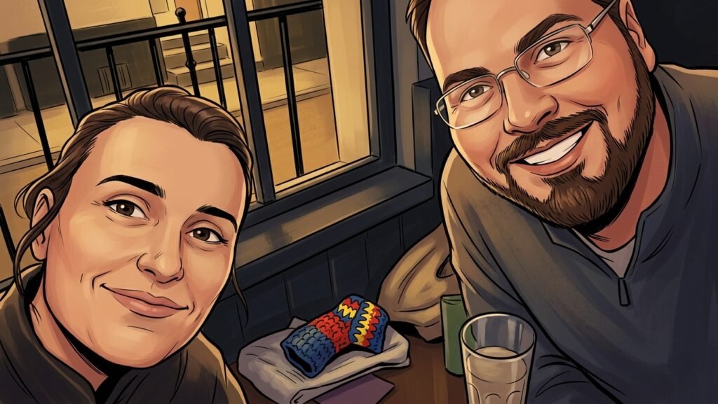 Ilustración estilo cómic de Billy y James en Inglaterra, compañeros con los que Noé Serrano aprendió inglés